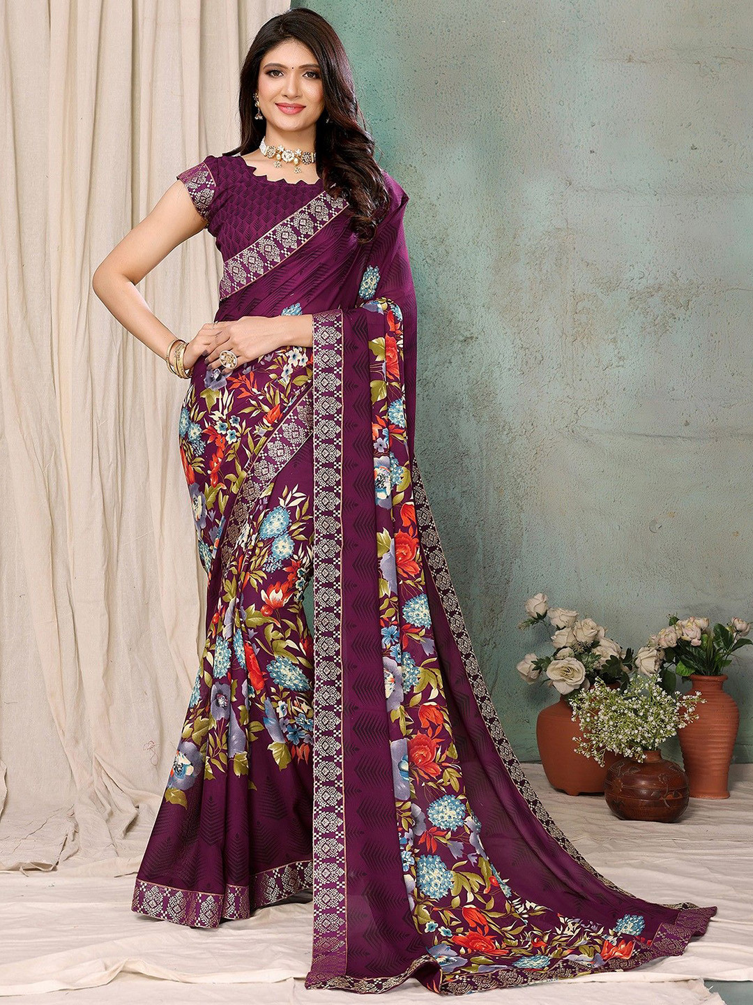 

KALINI Floral Printed Zari Saree, Purple