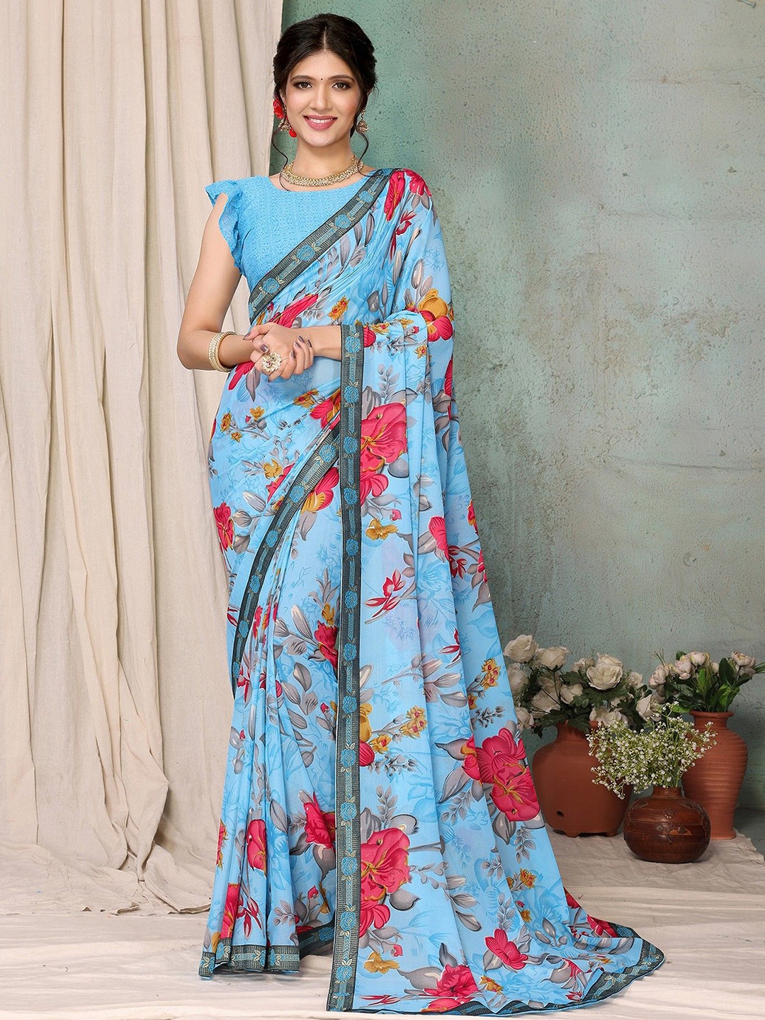 

KALINI Floral Printed Zari Saree, Blue