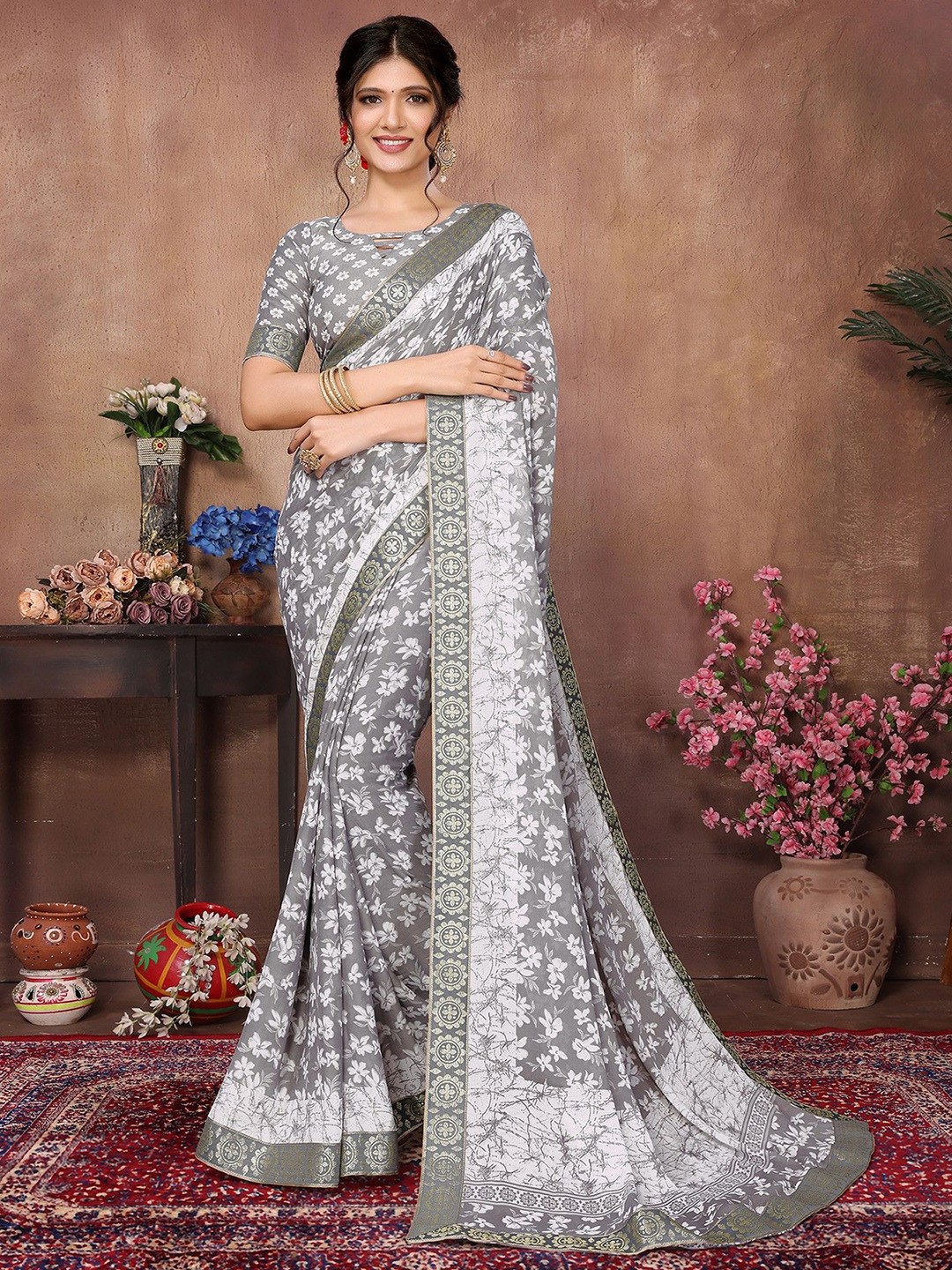 

KALINI Floral Printed Zari Saree, Grey