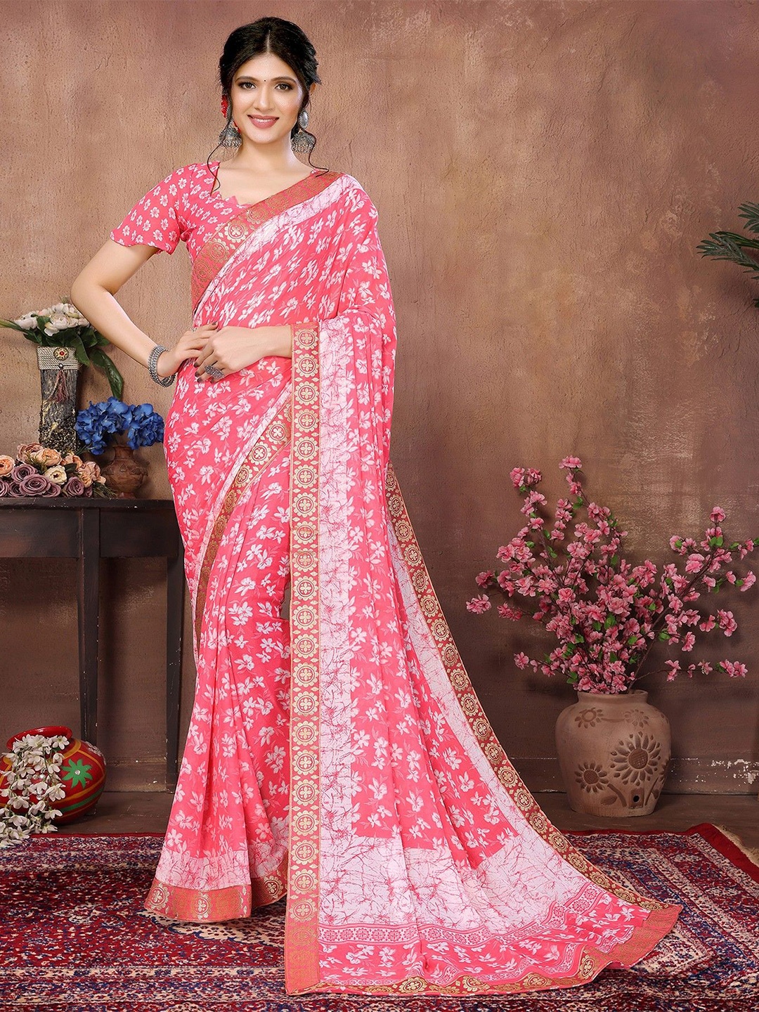

KALINI Floral Printed Zari Saree, Peach
