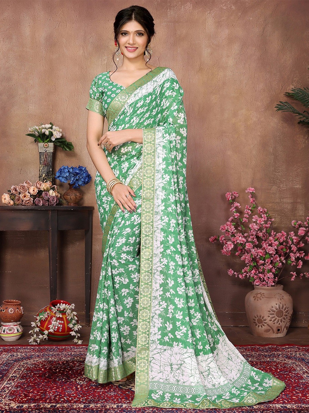 

KALINI Floral Printed Zari Saree, Green