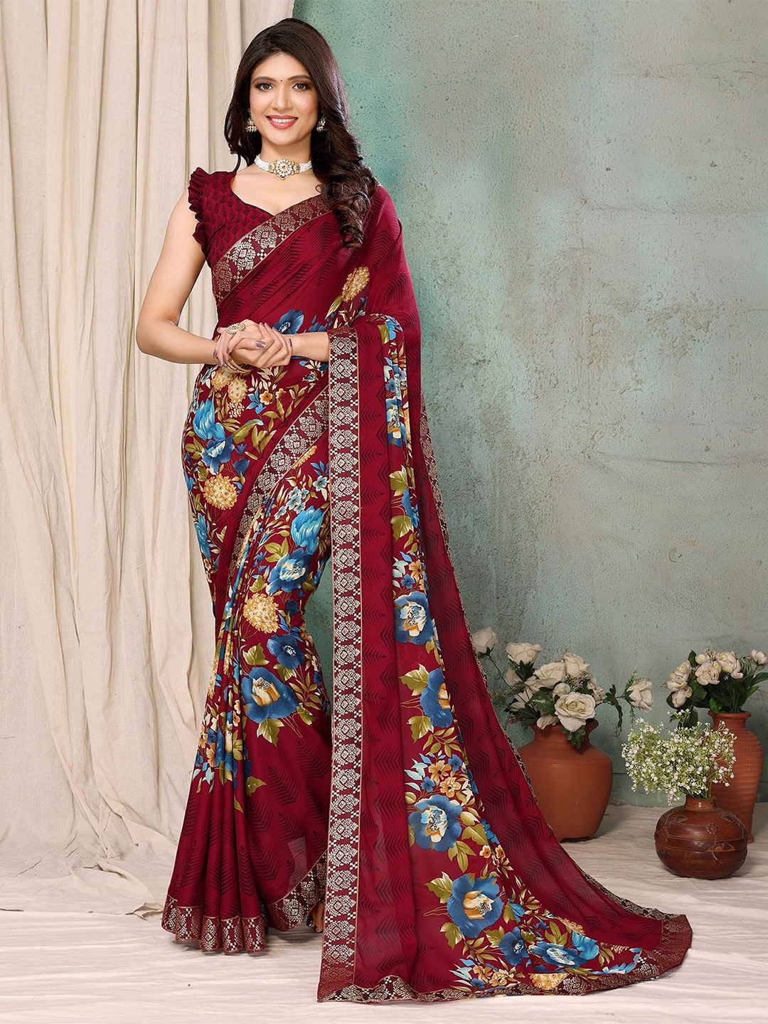 

KALINI Floral Printed Zari Saree, Maroon