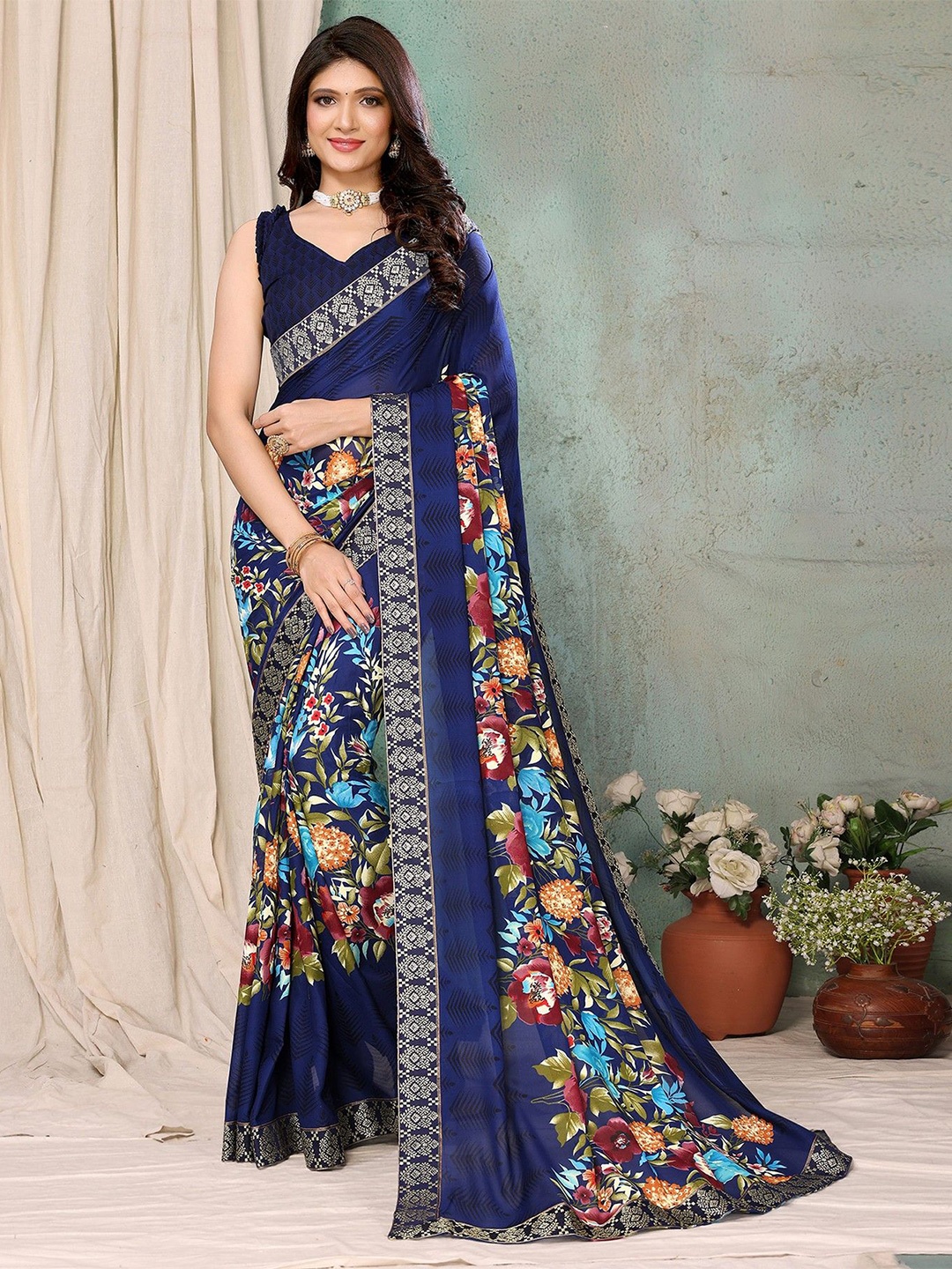 

KALINI Floral Printed Zari Saree, Navy blue