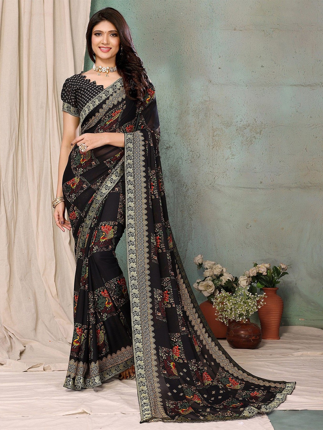 

KALINI Floral Woven Design Zari Saree, Black