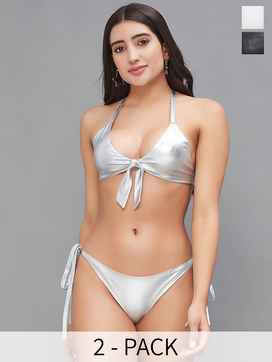 

SECRETS BY ZEROKAATA Pack Of 2 Assorted Metallic Halter Swimwear Bikini Set, Silver