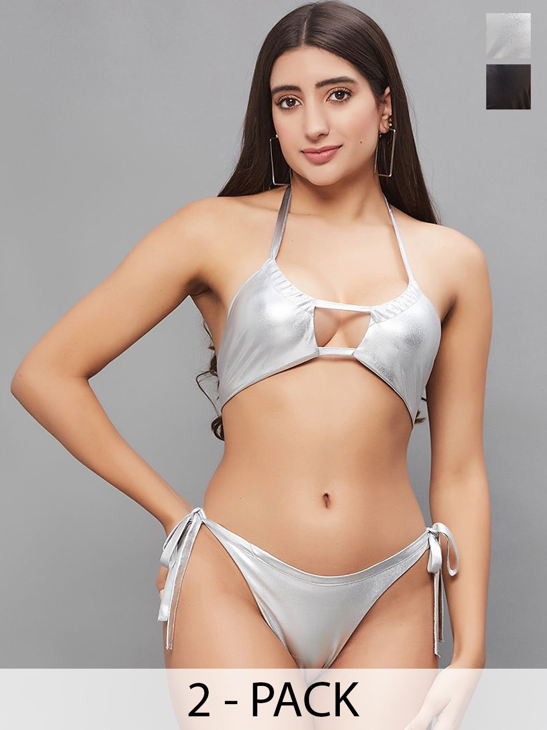 

SECRETS BY ZEROKAATA Pack Of 2 Assorted Metallic Halter Swimwear Bikini Set, Silver