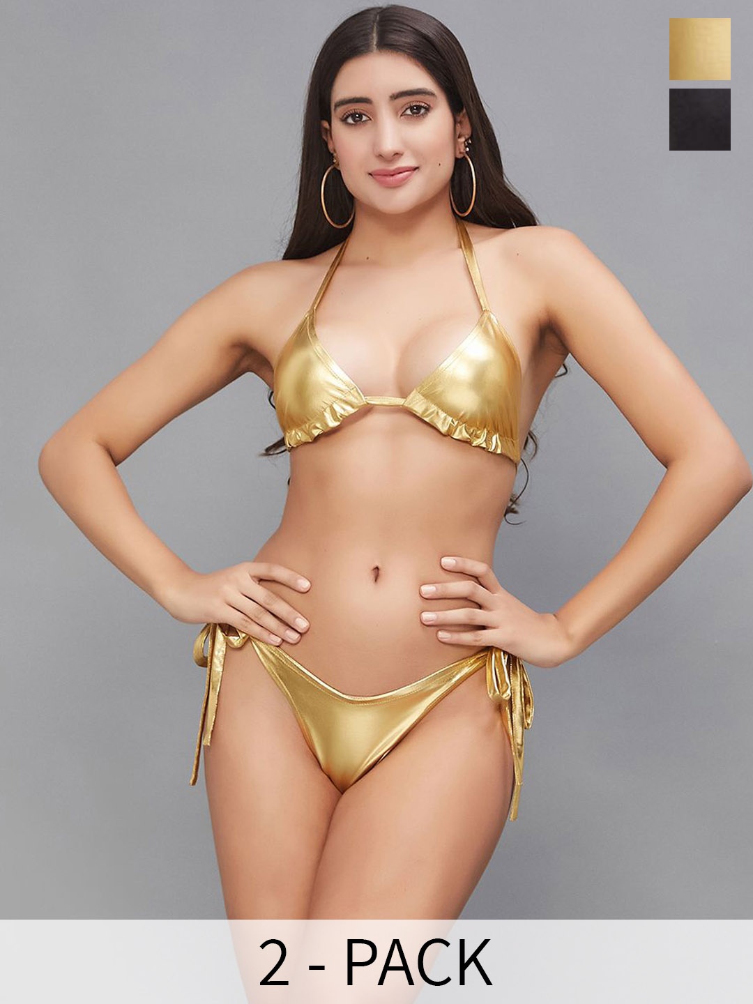 

SECRETS BY ZEROKAATA Pack Of 2 Assorted Metallic Halter Swimwear Bikini Set, Gold