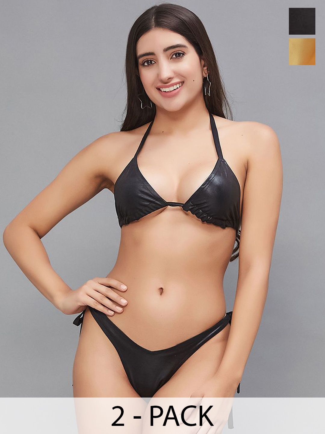 

SECRETS BY ZEROKAATA Pack Of 2 Assorted Metallic Halter Swimwear Bikini Set, Black