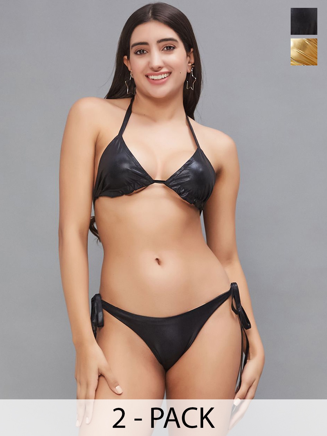 

SECRETS BY ZEROKAATA Pack Of 2 Assorted Metallic Halter Swimwear Bikini Set, Black