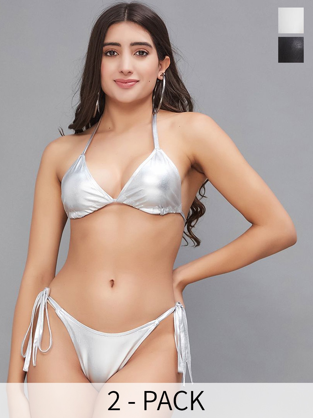 

SECRETS BY ZEROKAATA Pack Of 2 Assorted Metallic Halter Swimwear Bikini Set, Silver