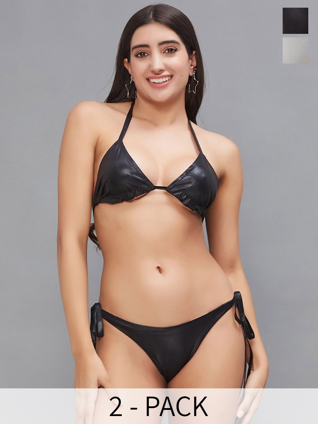 

SECRETS BY ZEROKAATA Pack Of 2 Assorted Metallic Halter Swimwear Bikini Set, Black