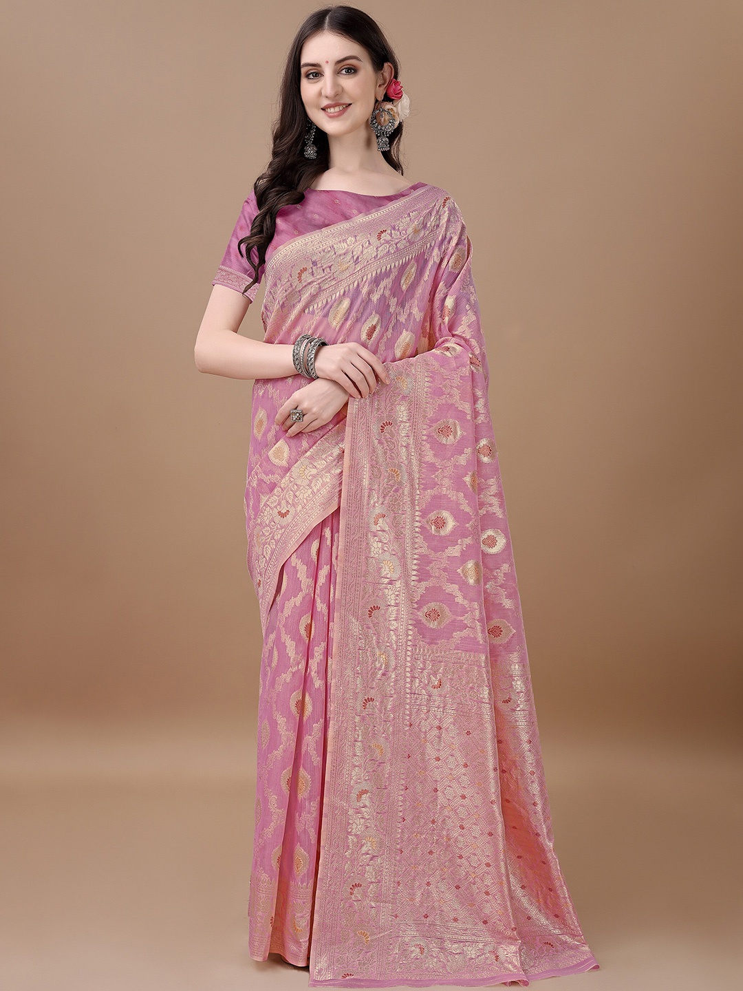 

MAGMINA Woven Design Zari Banarasi Saree, Pink