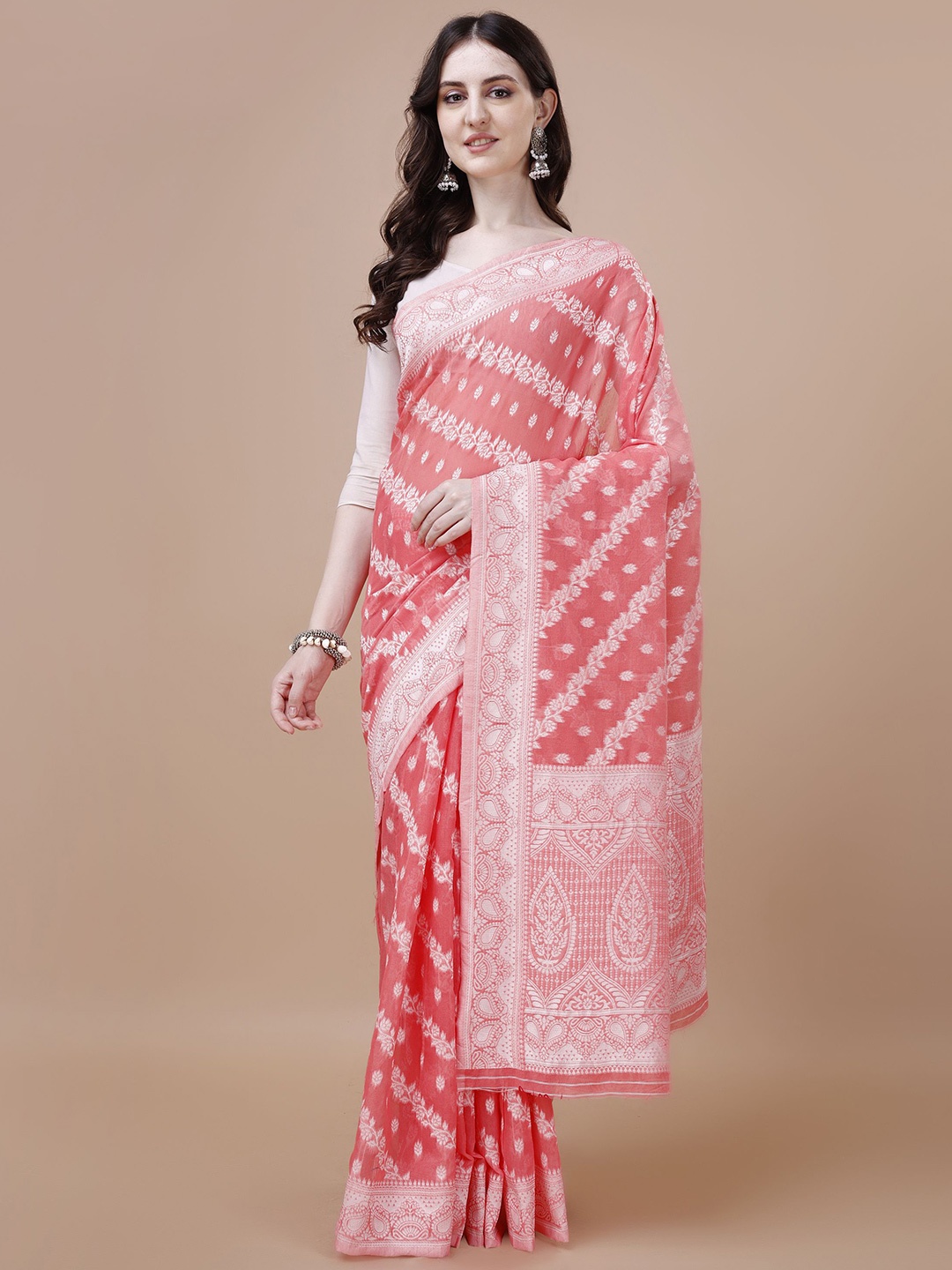 

MAGMINA Woven Design Zari Pure Cotton Banarasi Saree, Pink