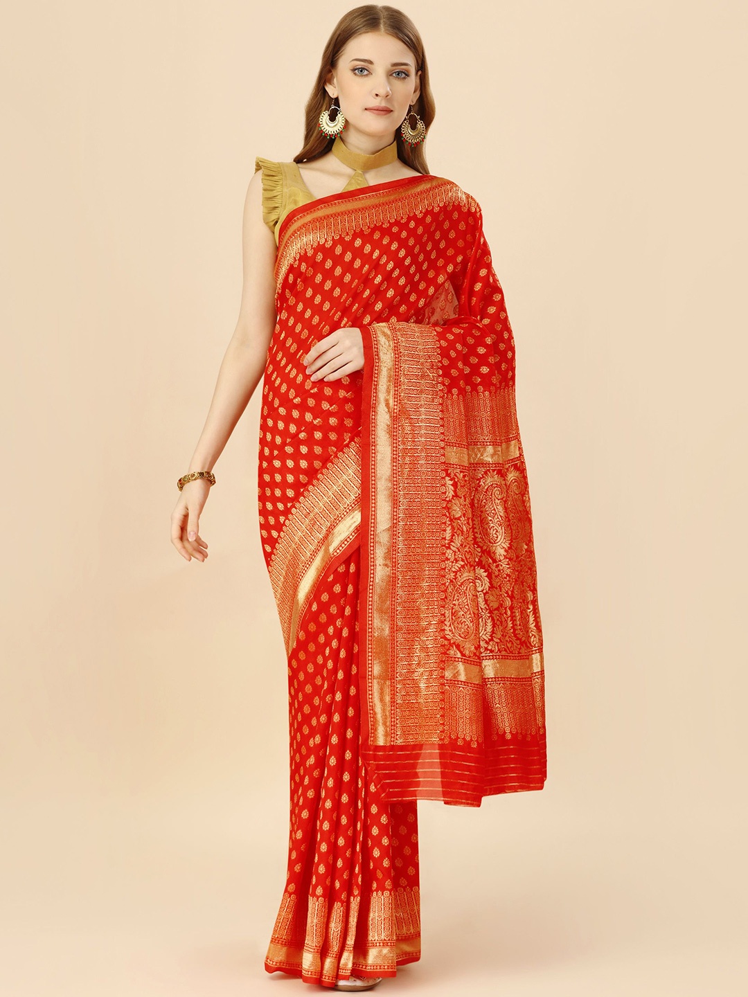 

MAGMINA Woven Design Zari Banarasi Saree, Red