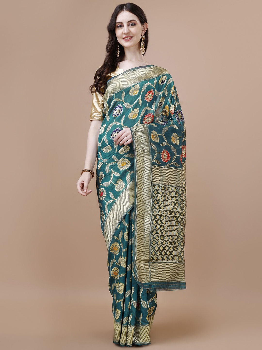 

MAGMINA Woven Design Zari Banarasi Saree, Green