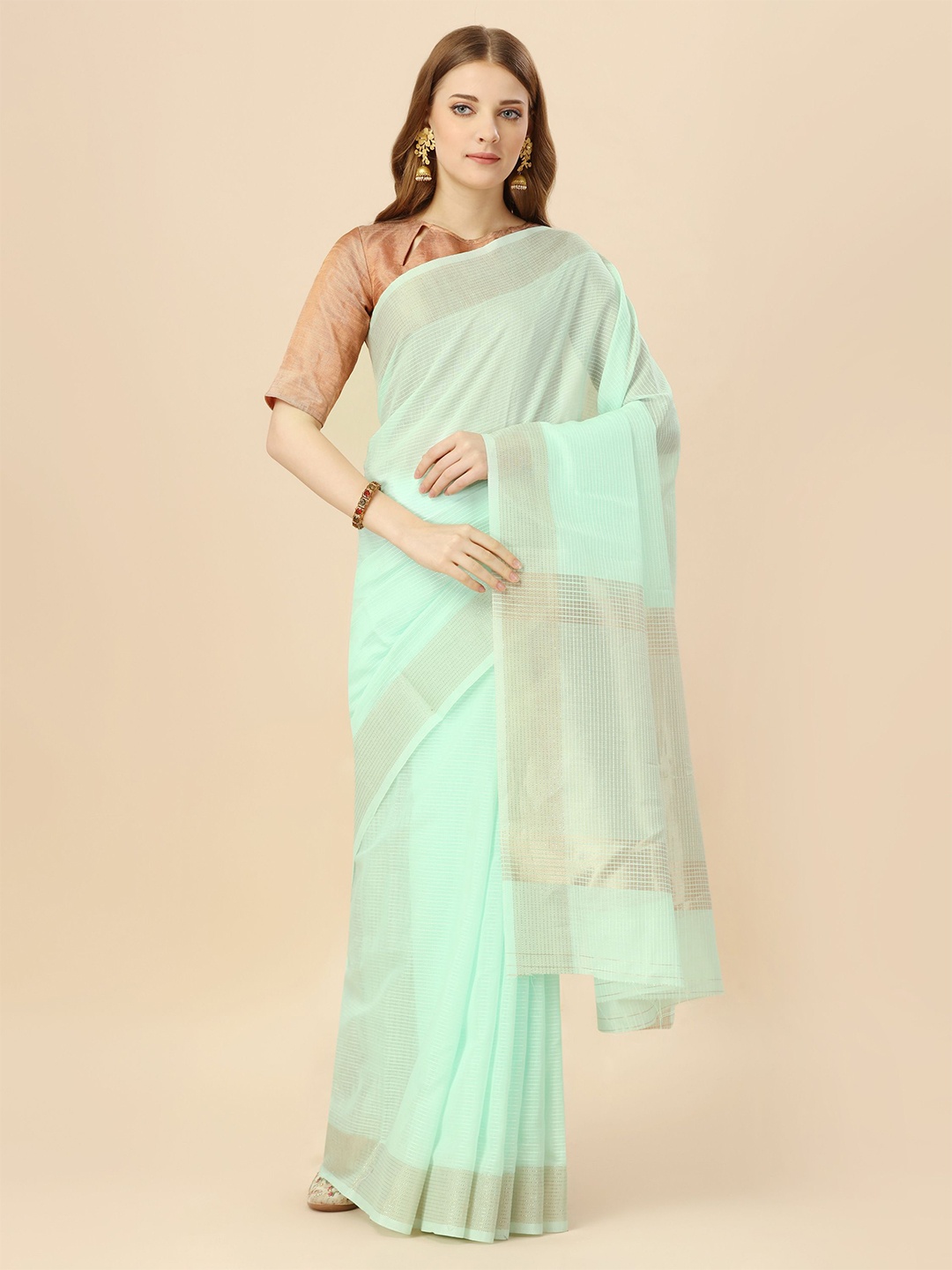 

MAGMINA Striped Zari Banarasi Saree, Green