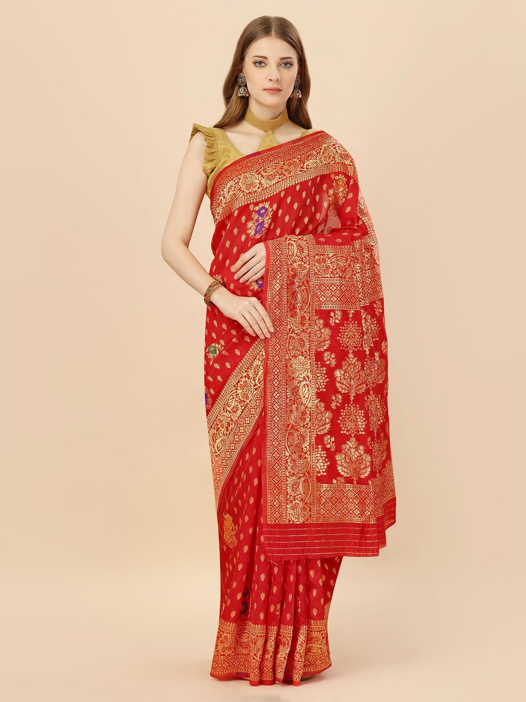 

MAGMINA Woven Design Zari Banarasi Saree, Red