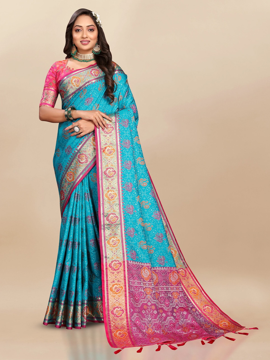 

Upalksh Ethnic Motifs Zari Pure Silk Patola Saree, Turquoise blue