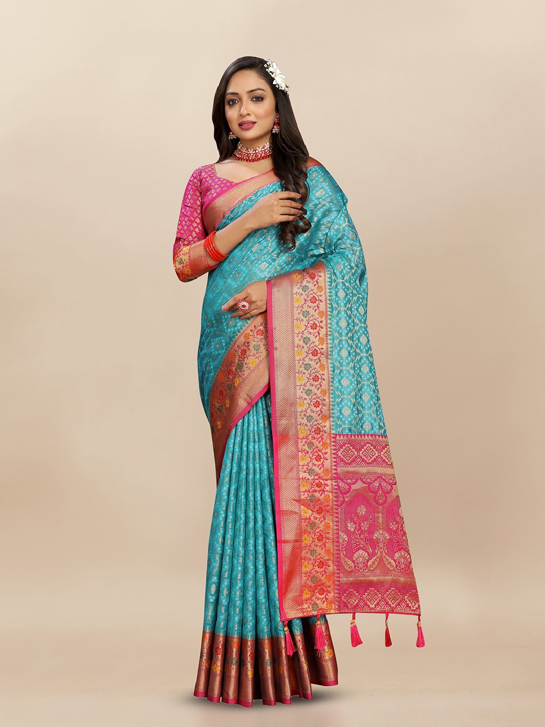 

Upalksh Woven Design Zari Organza Banarasi Saree, Turquoise blue