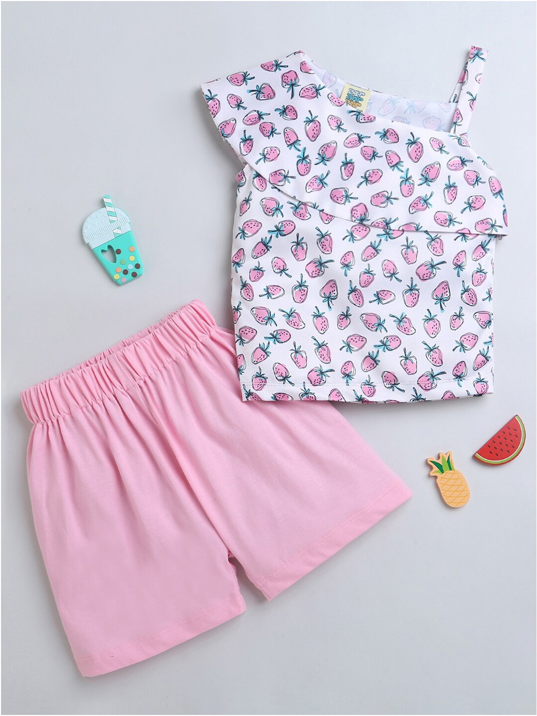 

ZIP ZAP ZOOP Girls Printed One Shoulder Pure Cotton Top With Shorts, Pink
