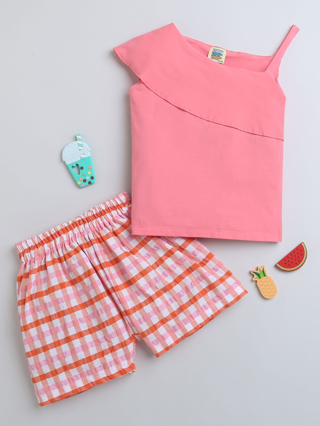 

ZIP ZAP ZOOP Girls One Shoulder Pure Cotton Top with Shorts, Pink
