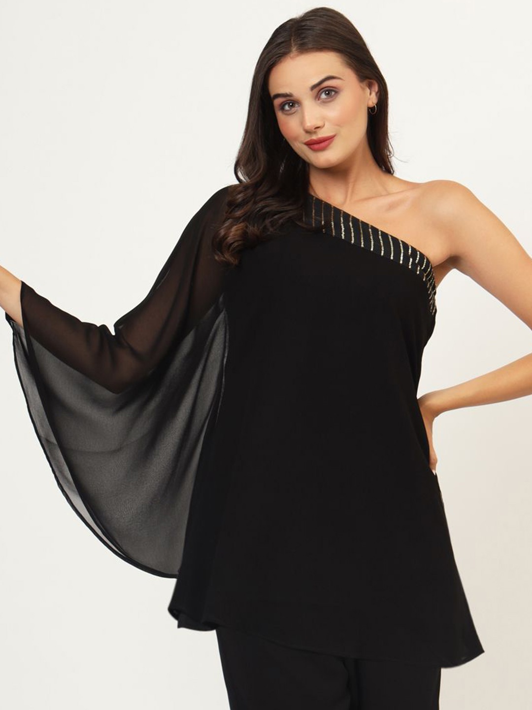 

studio rasa One Shoulder Sequinned Kimono Sleeve Georgette Longline Top, Black