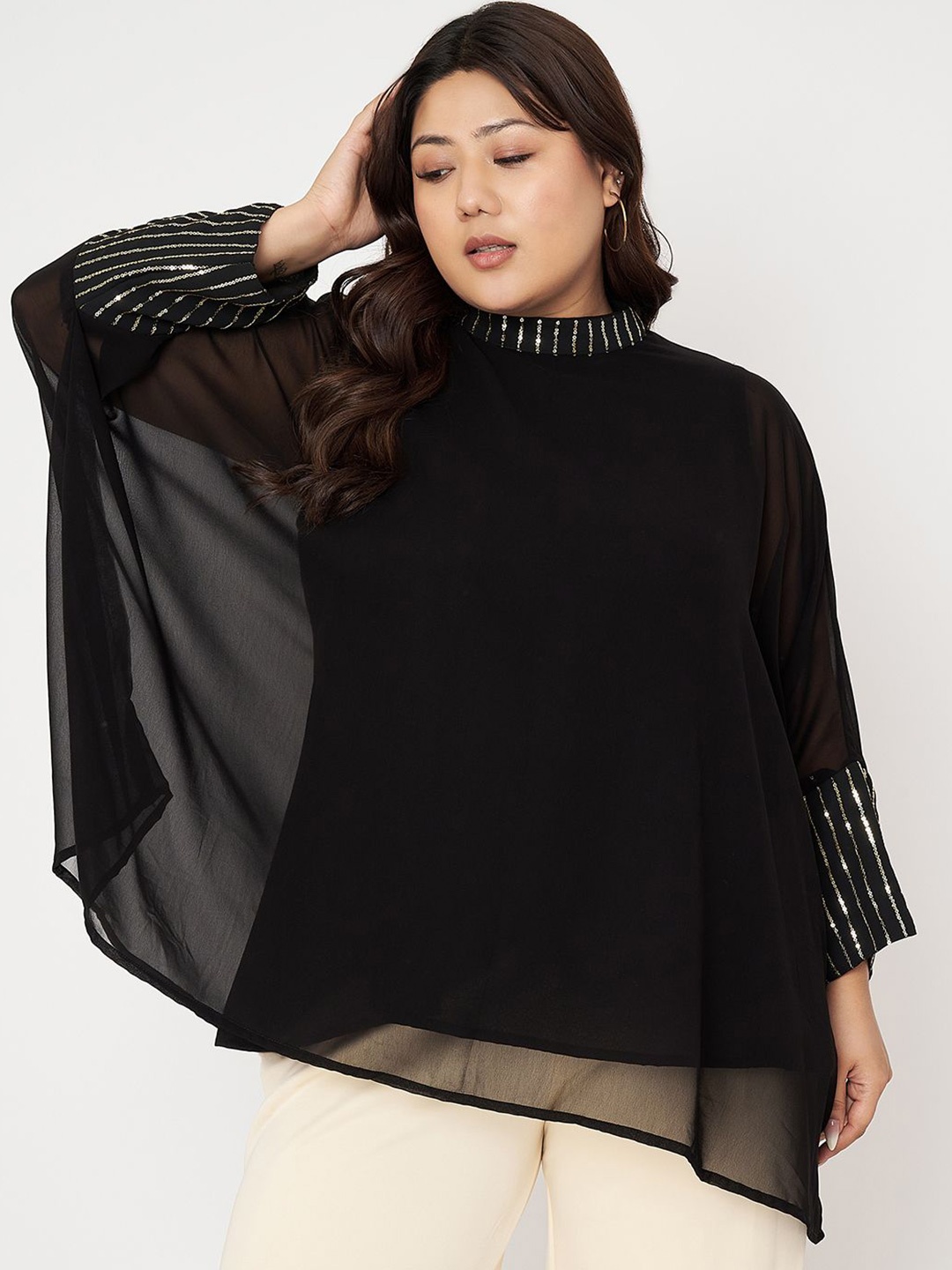 

studio rasa Plus Size Linear Sequins Cuffed Kaftan Top, Black