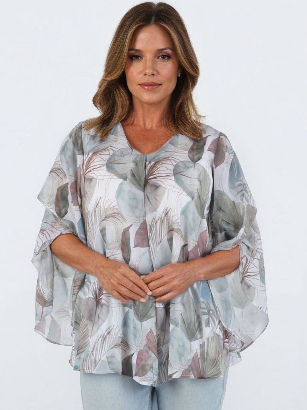 

Bunny Corset Tropical Printed Round Neck Kaftan Top, White