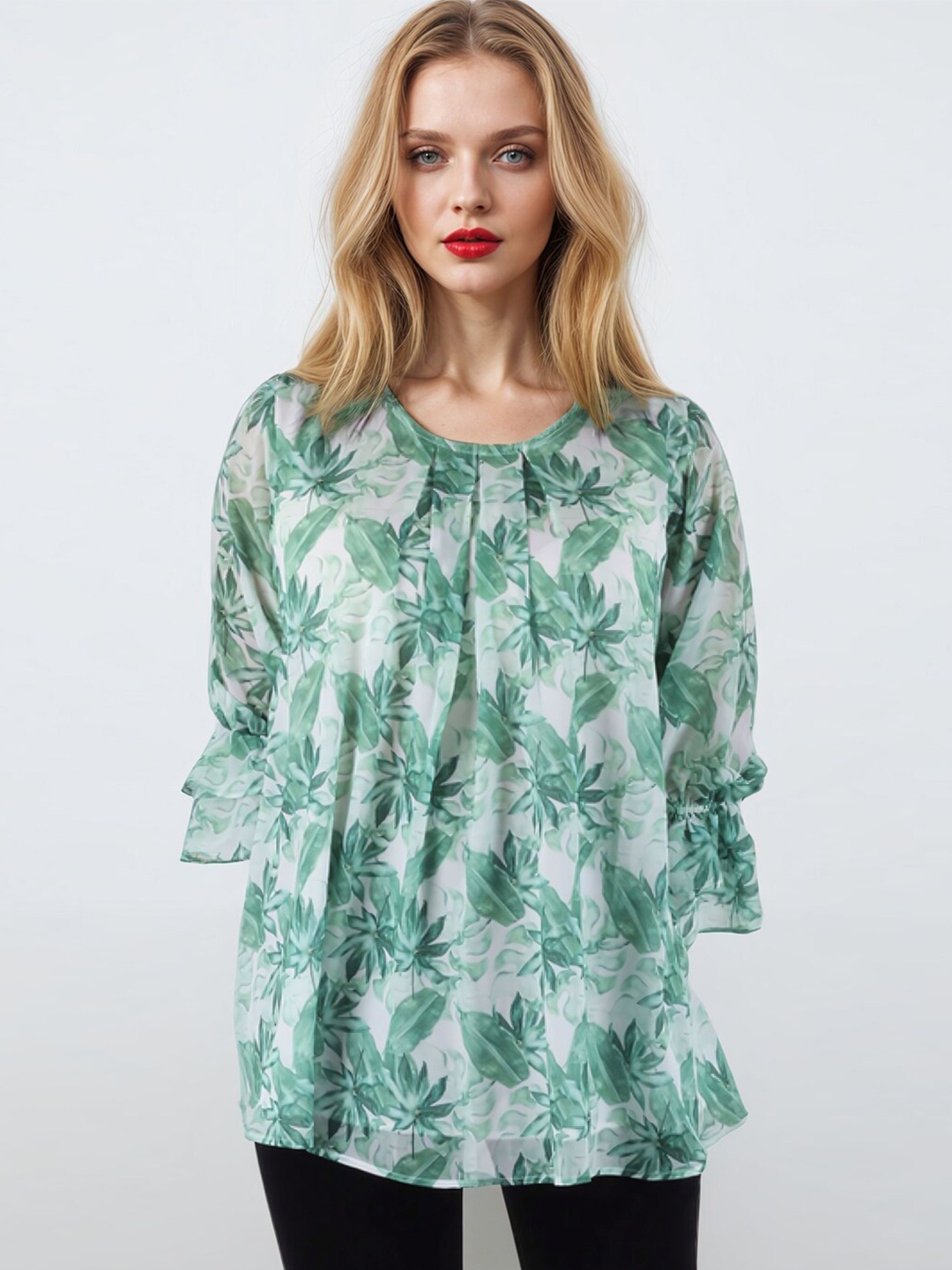Bunny Corset Tropical Printed Round Neck Top, White