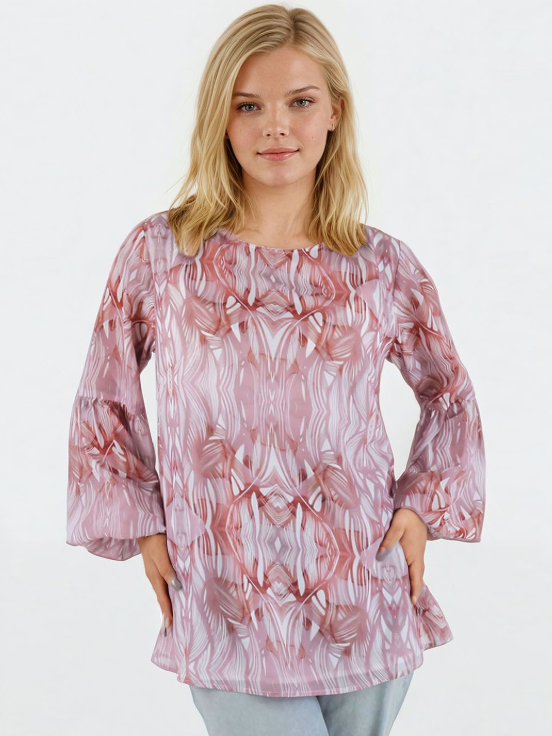 Bunny Corset Abstract Printed Round Neck Bell Sleeves Top, White