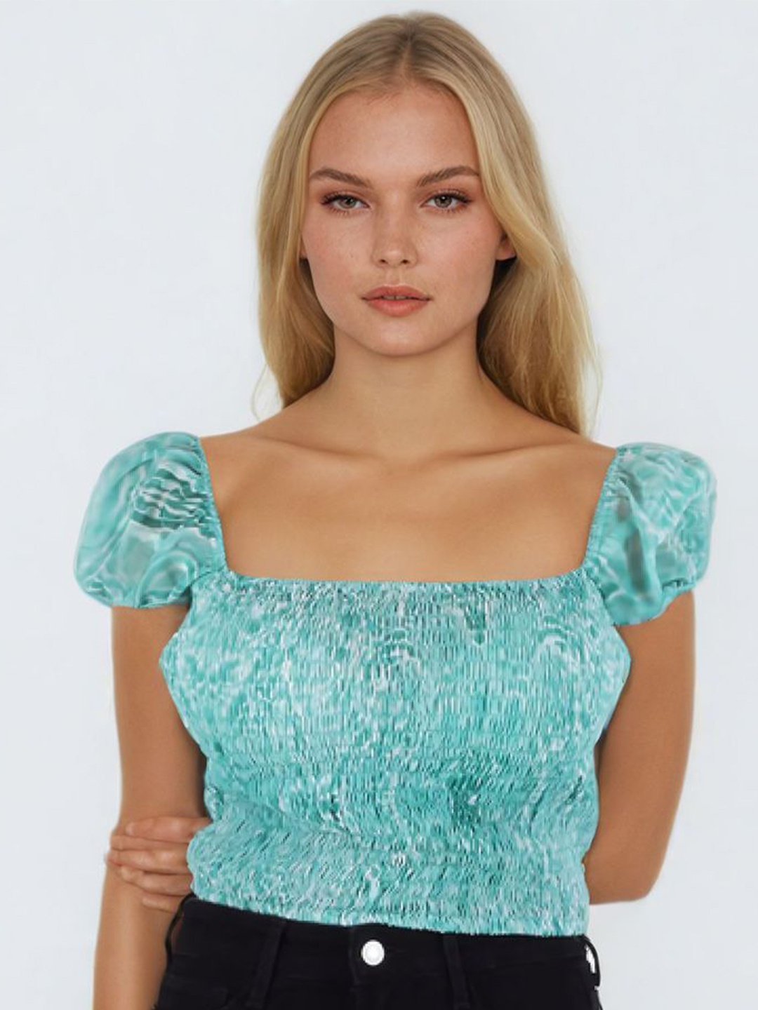

Bunny Corset Abstract Printed Square Neck Smocked Crop Top, Blue