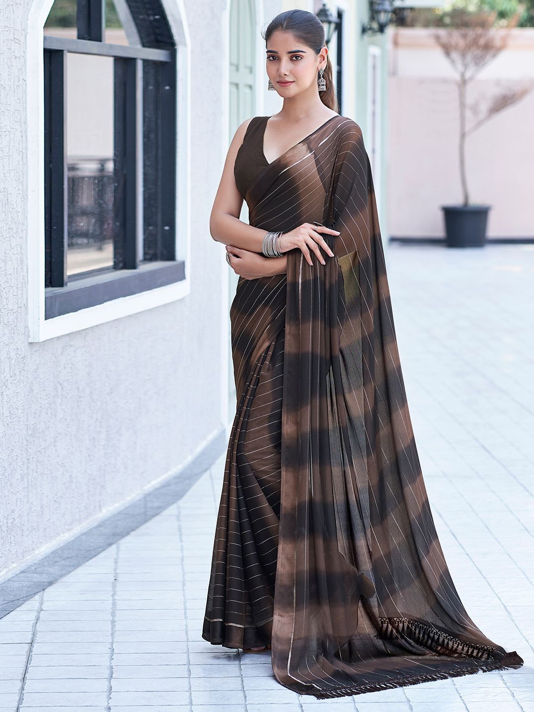 

Satrani Striped Zari Pure Georgette Saree, Brown