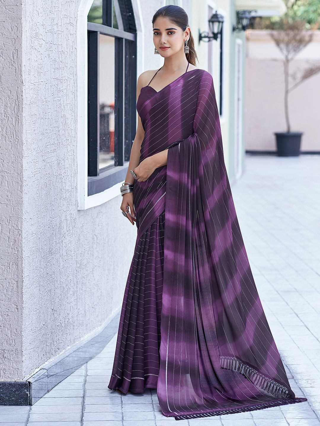 

Satrani Striped Zari Pure Georgette Saree, Purple