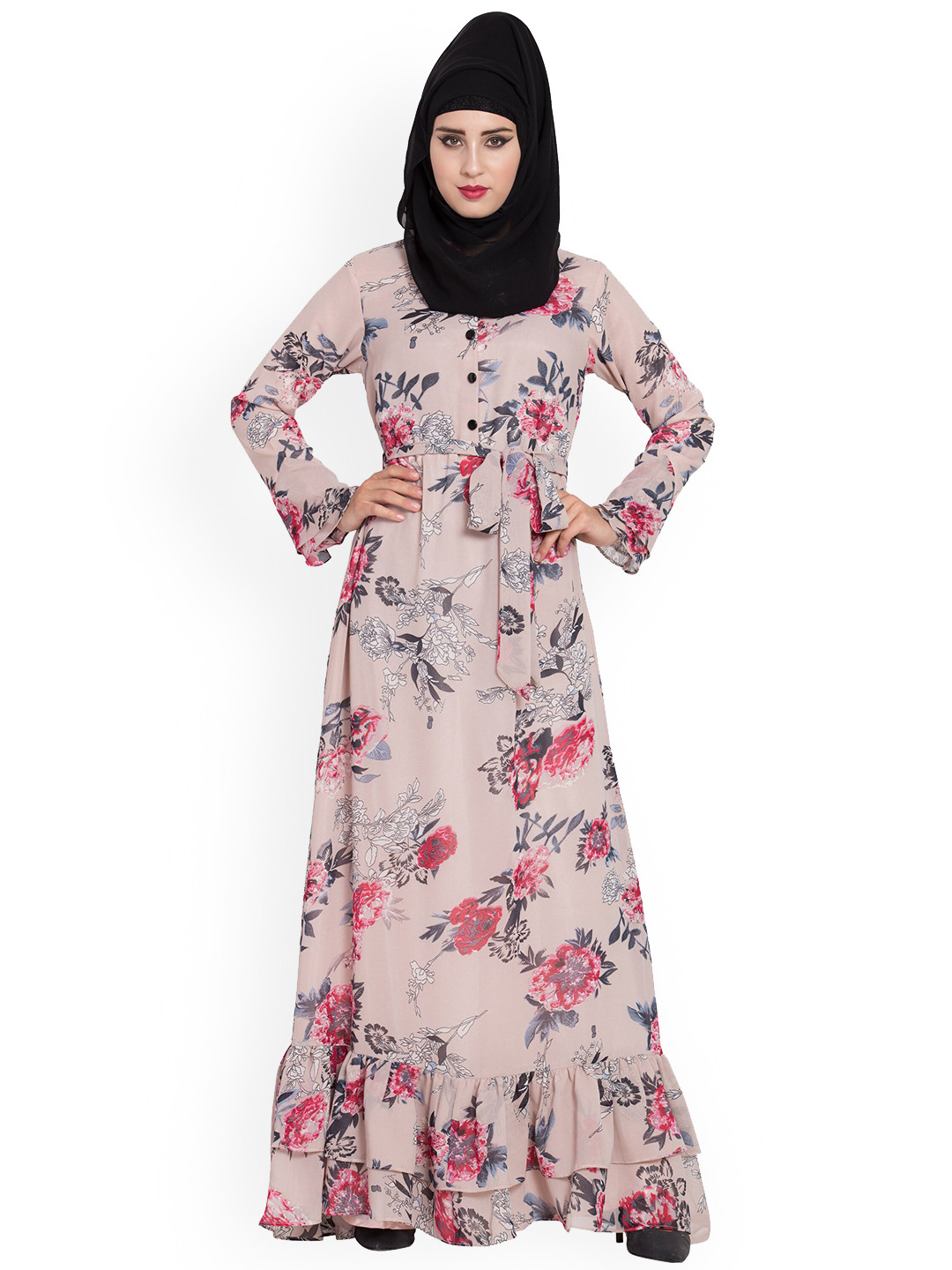 

MUSHKIYA Printed Burqa With Scarf, Beige