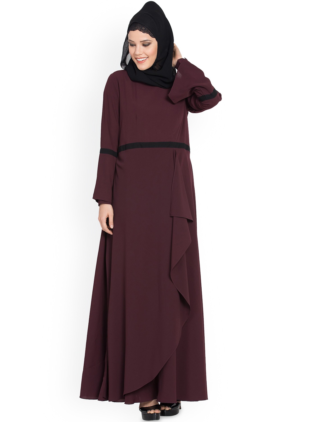 

MUSHKIYA Umbrella Cut Abaya Dress With Falling Panel Burqa, Brown