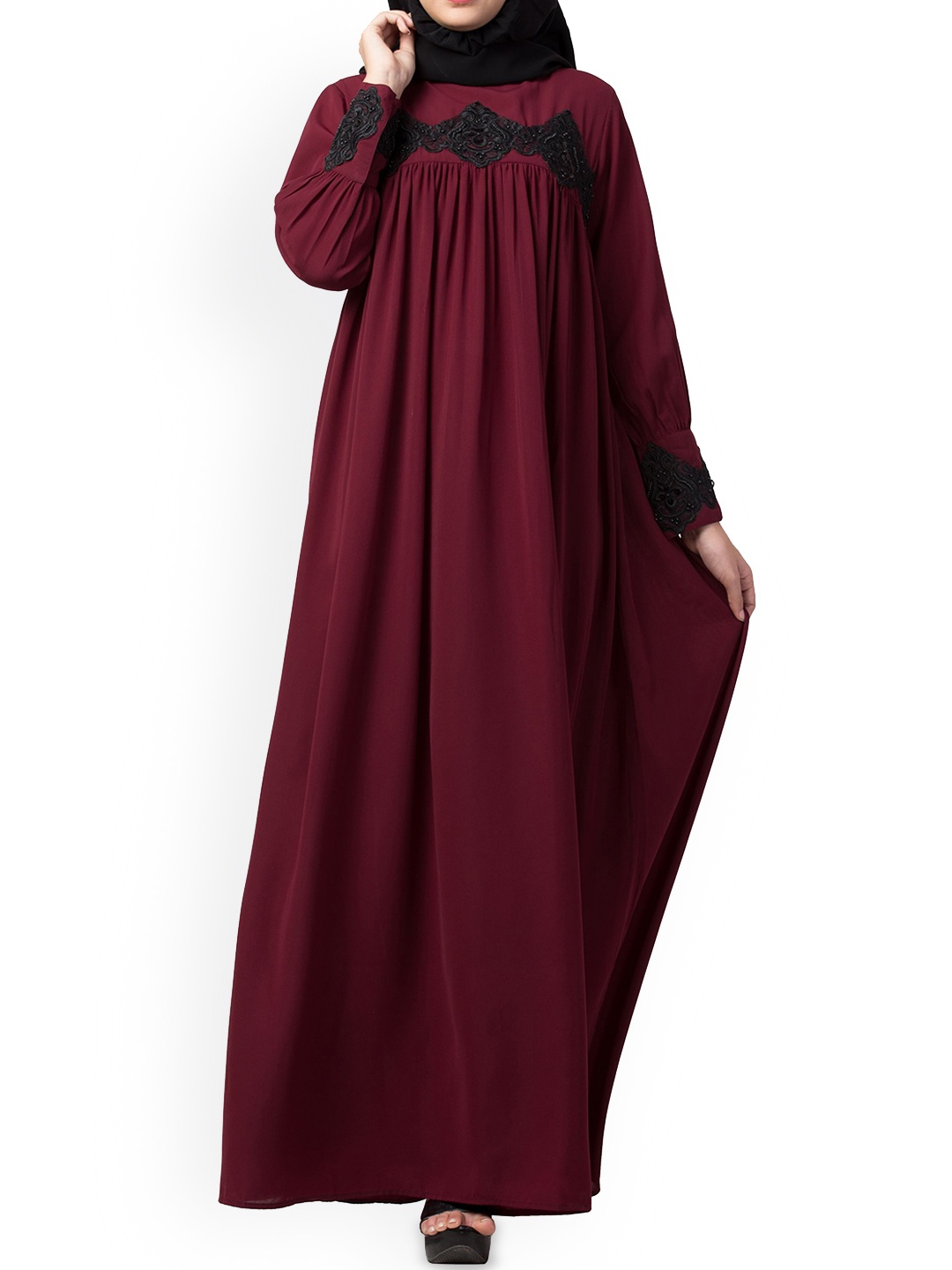 

MUSHKIYA Lace Work Abaya With Scarf, Maroon