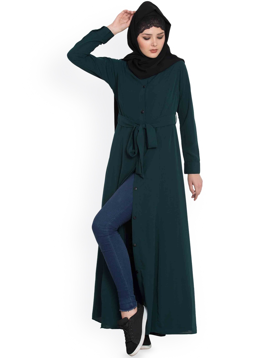 

MUSHKIYA Front Open Abaya Belt Burqa With Scarf, Green