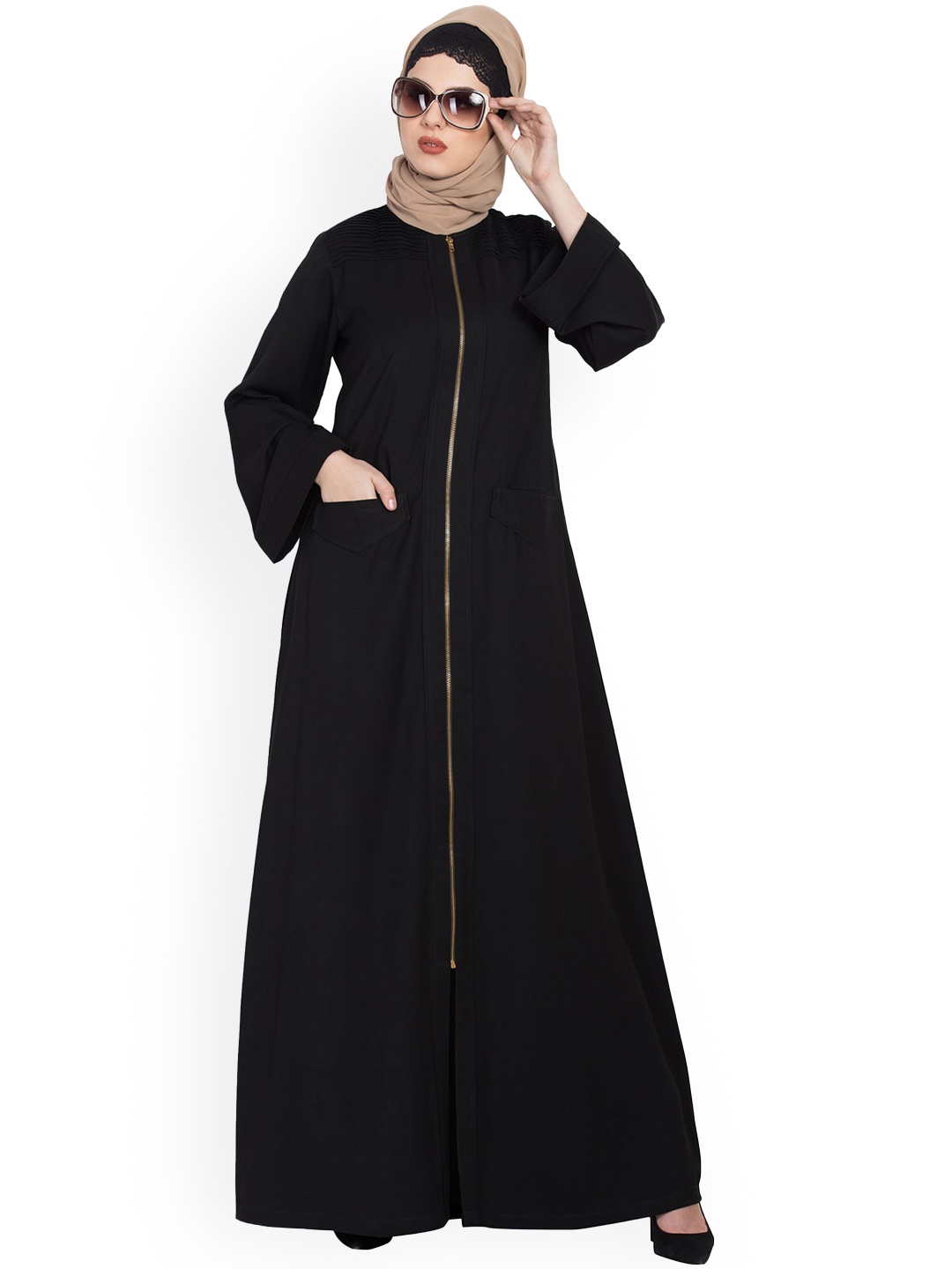 

MUSHKIYA Front Open Abaya With Zip Opening Burqa With scarf, Black