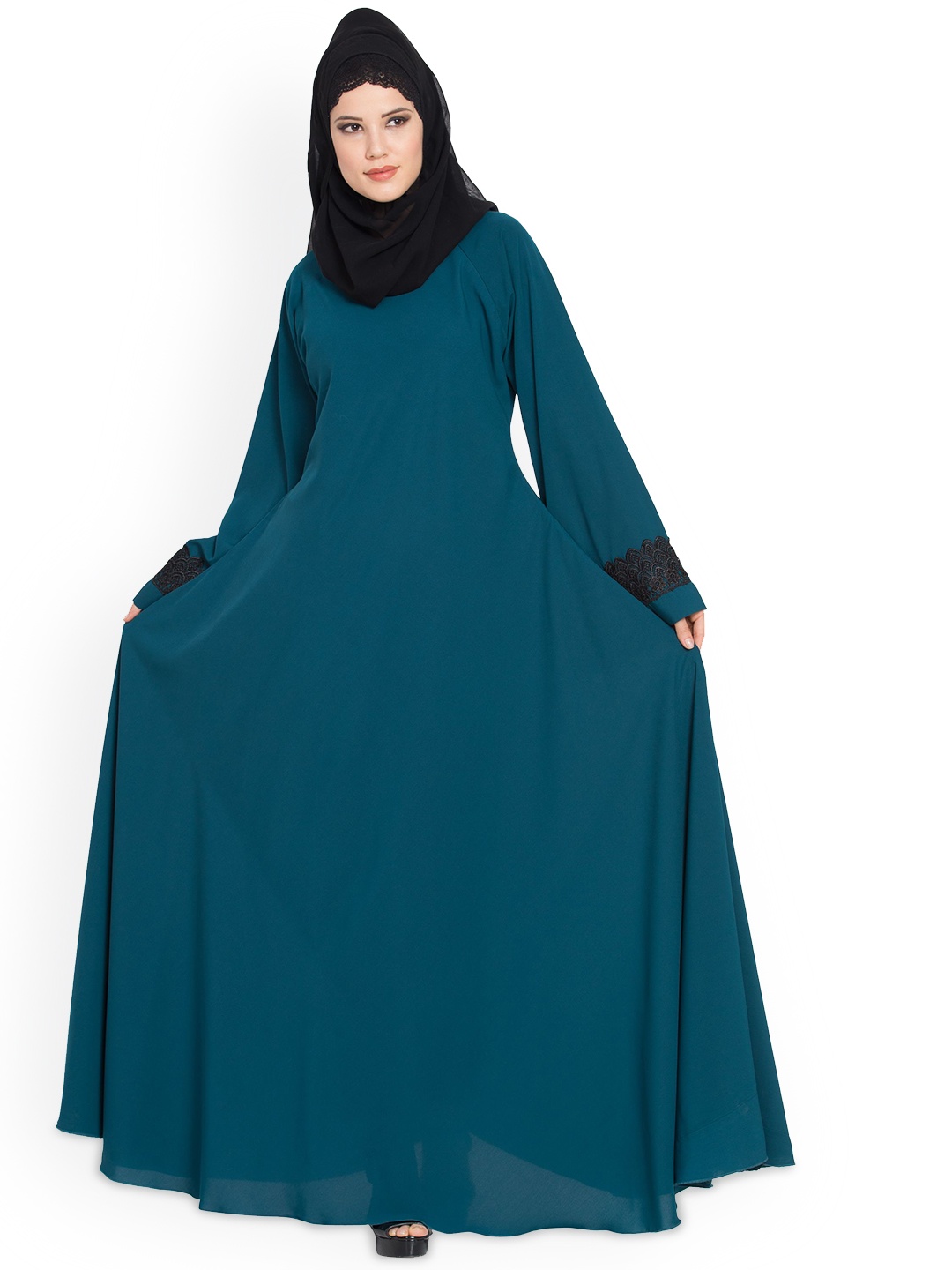 

MUSHKIYA Abaya With Lacework On Sleeves Burqa With Scarf, Teal