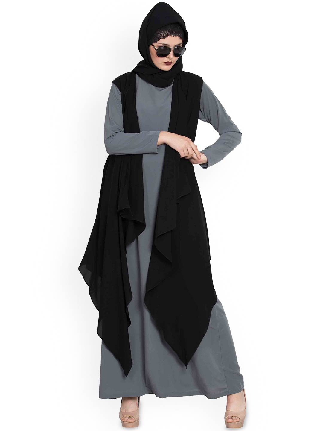 

MUSHKIYA Inner Abaya With Open Shrug Burqa, Grey