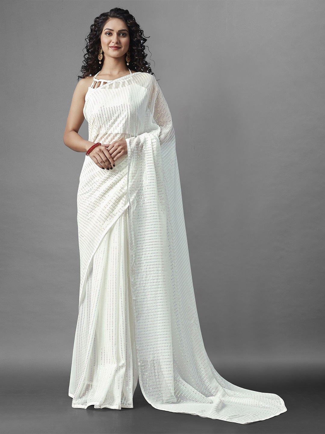 

CANIZZARO Embellished Sequinned Pure Georgette Saree, White