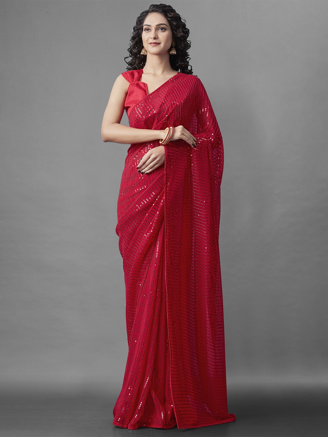

CANIZZARO Embellished Sequinned Pure Georgette Saree, Red