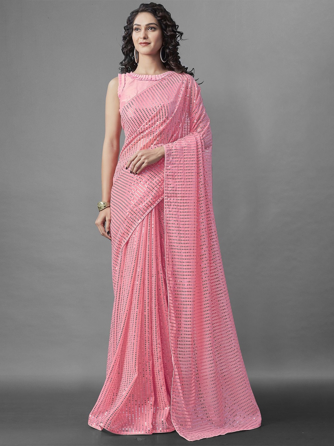 

CANIZZARO Embellished Sequinned Pure Georgette Saree, Pink