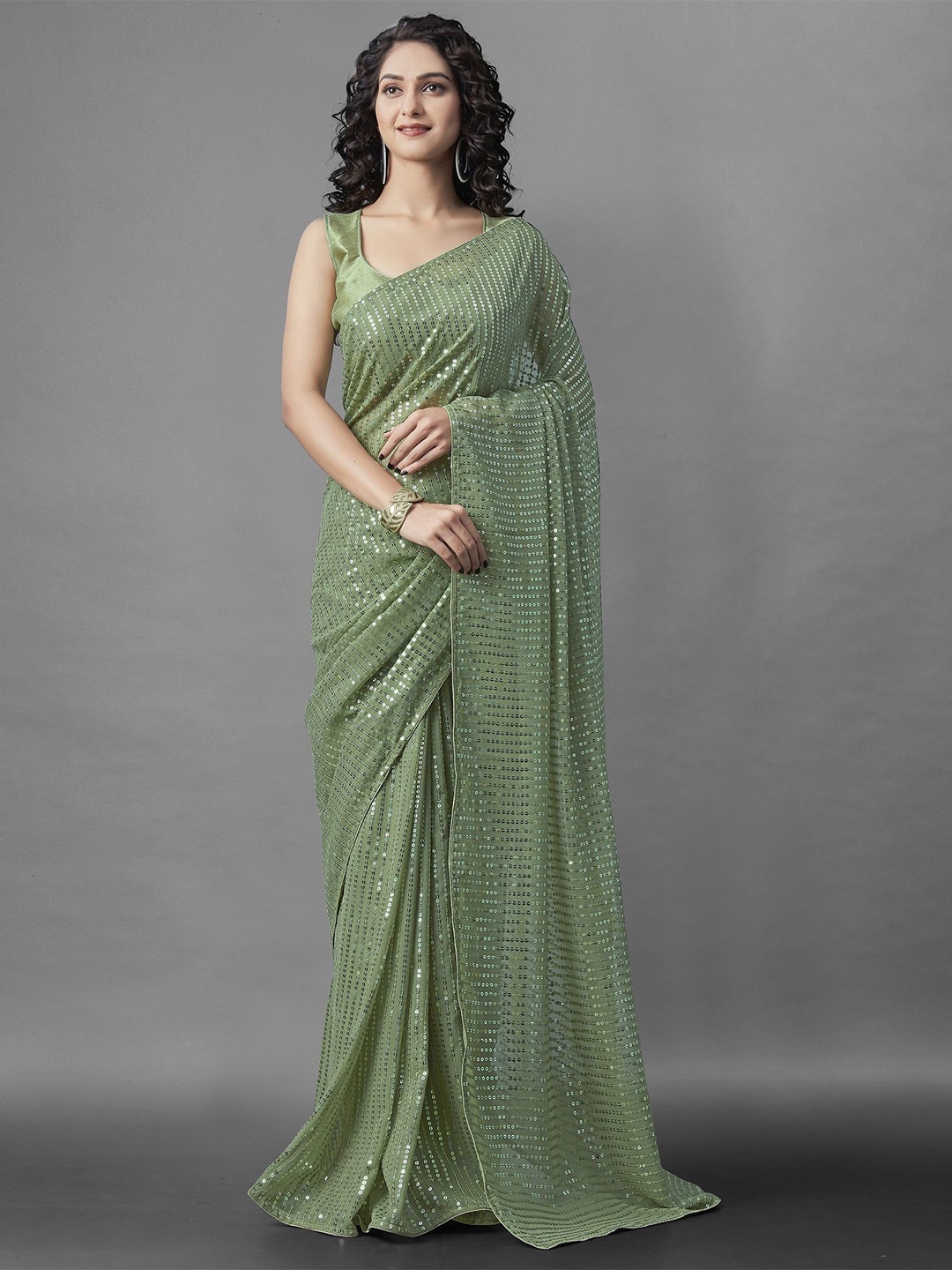

CANIZZARO Embellished Sequinned Pure Georgette Saree, Green