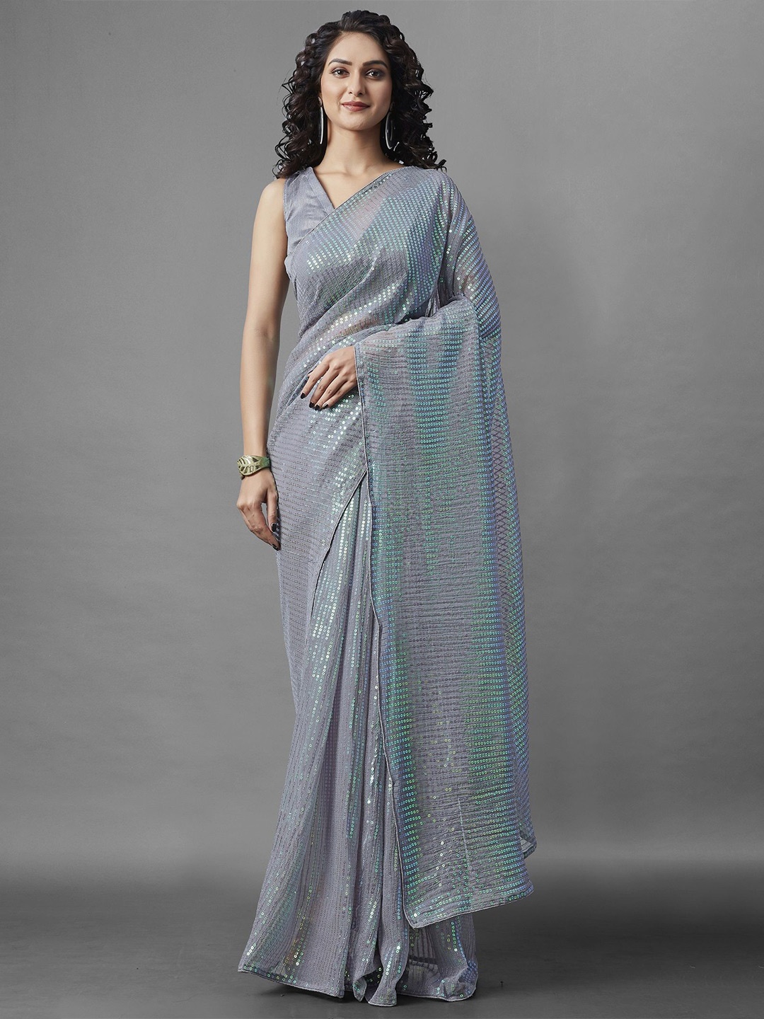 

CANIZZARO Embellished Sequinned Pure Georgette Saree, Grey