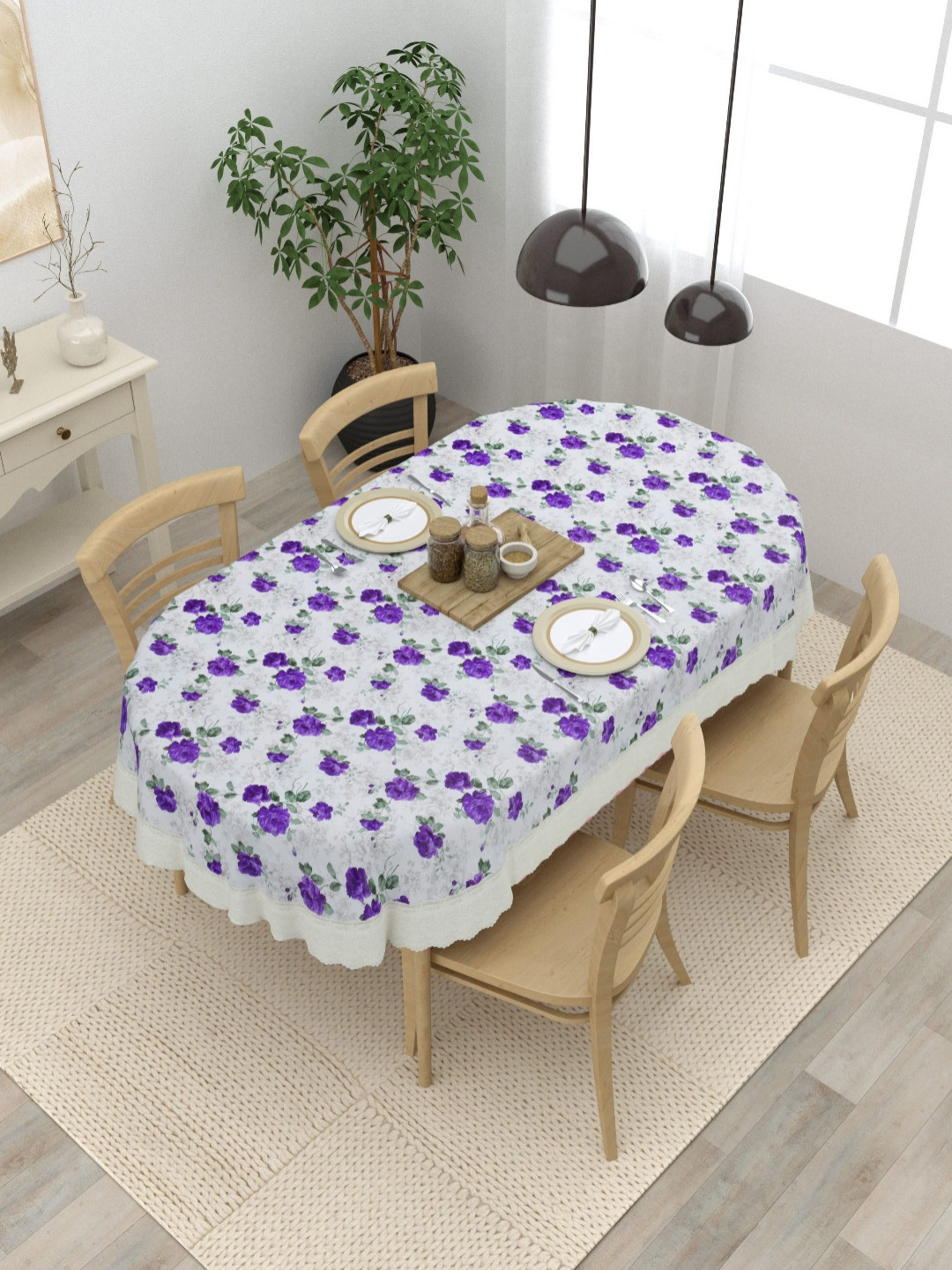 

Clasiko Purple Floral Printed Oval Anti-Slip 4-Seater Table Cover