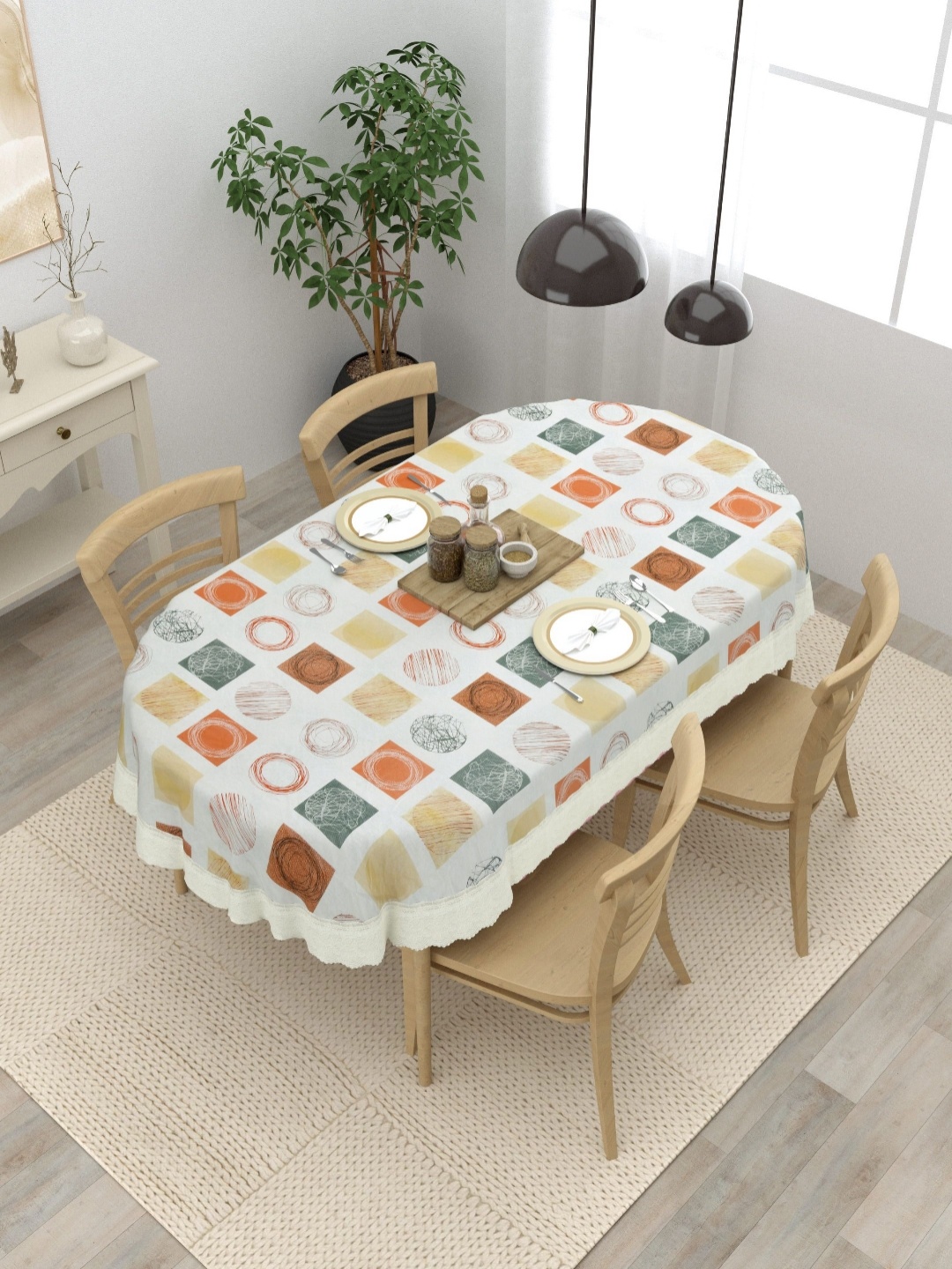 

Clasiko White Geometric Printed Oval Anti-Slip 4-Seater Table Cover