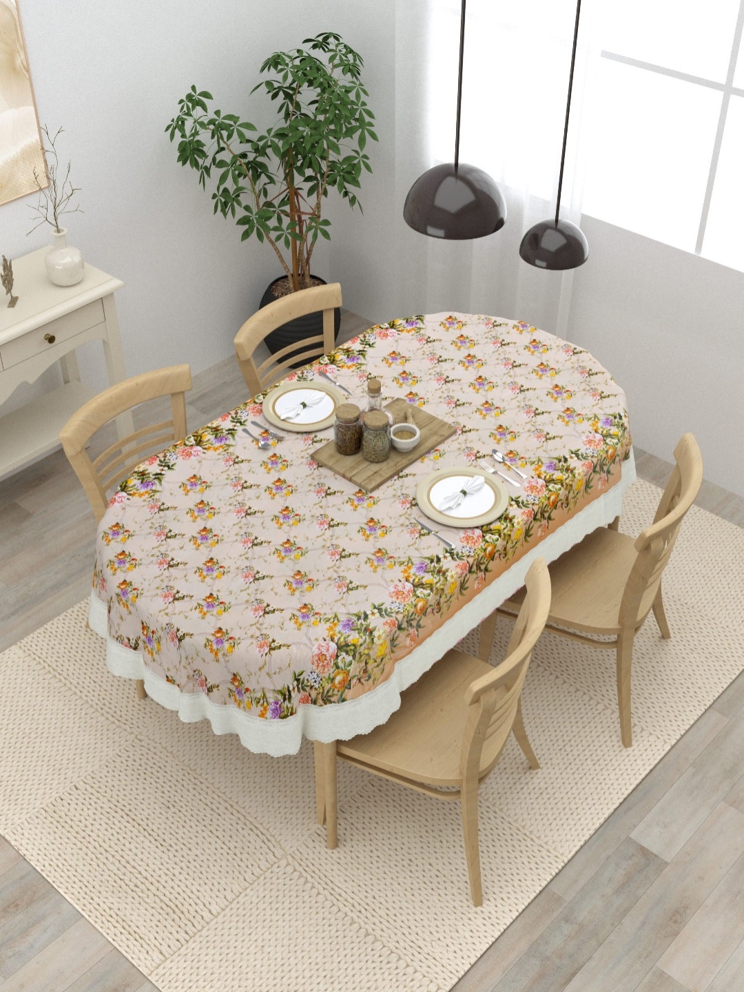 

Clasiko Peach & Purple Floral Printed Oval Anti-Slip 4-Seater Table Cover