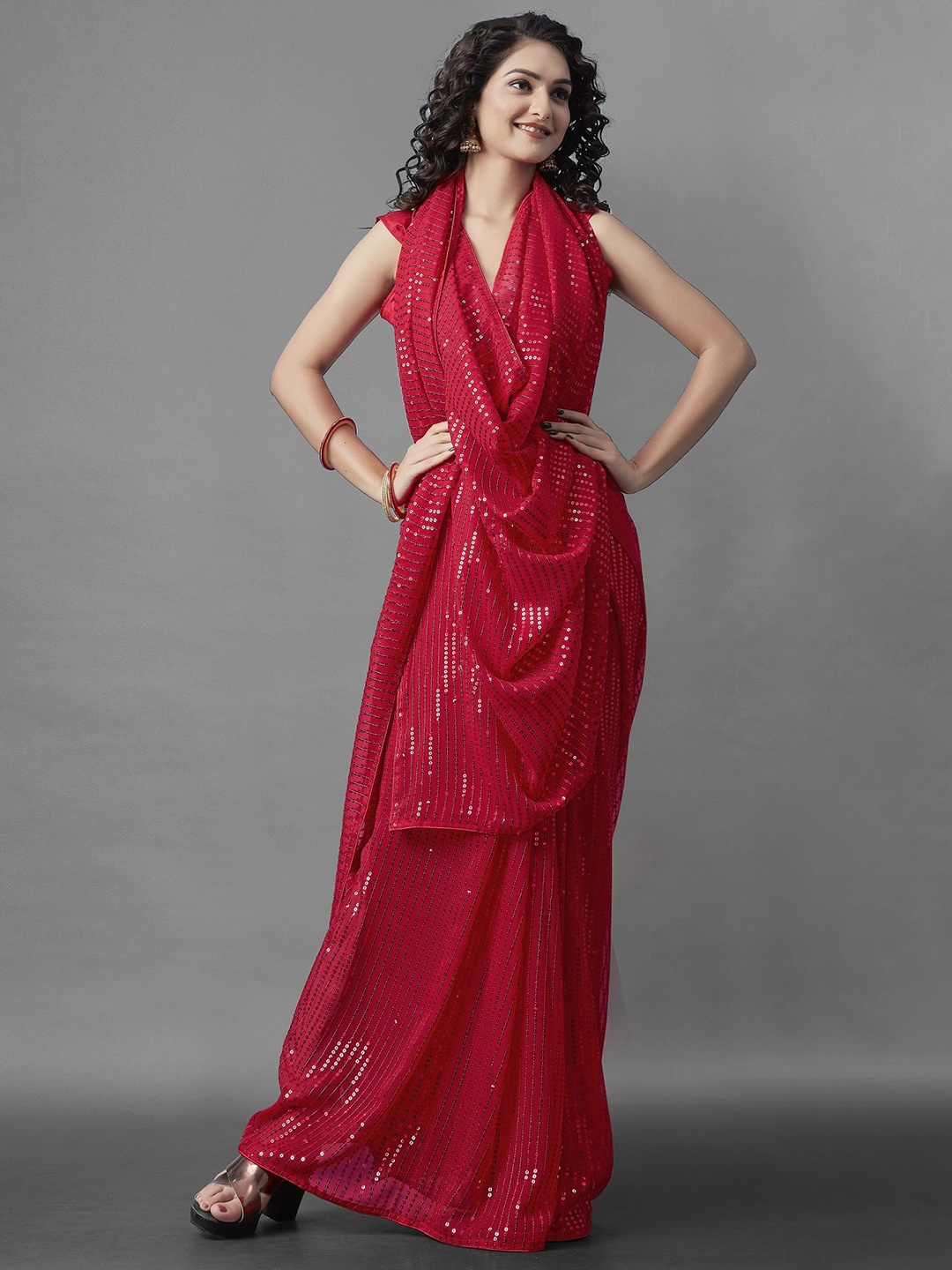 

KALINI Embellished Sequinned Pure Georgette Saree, Red