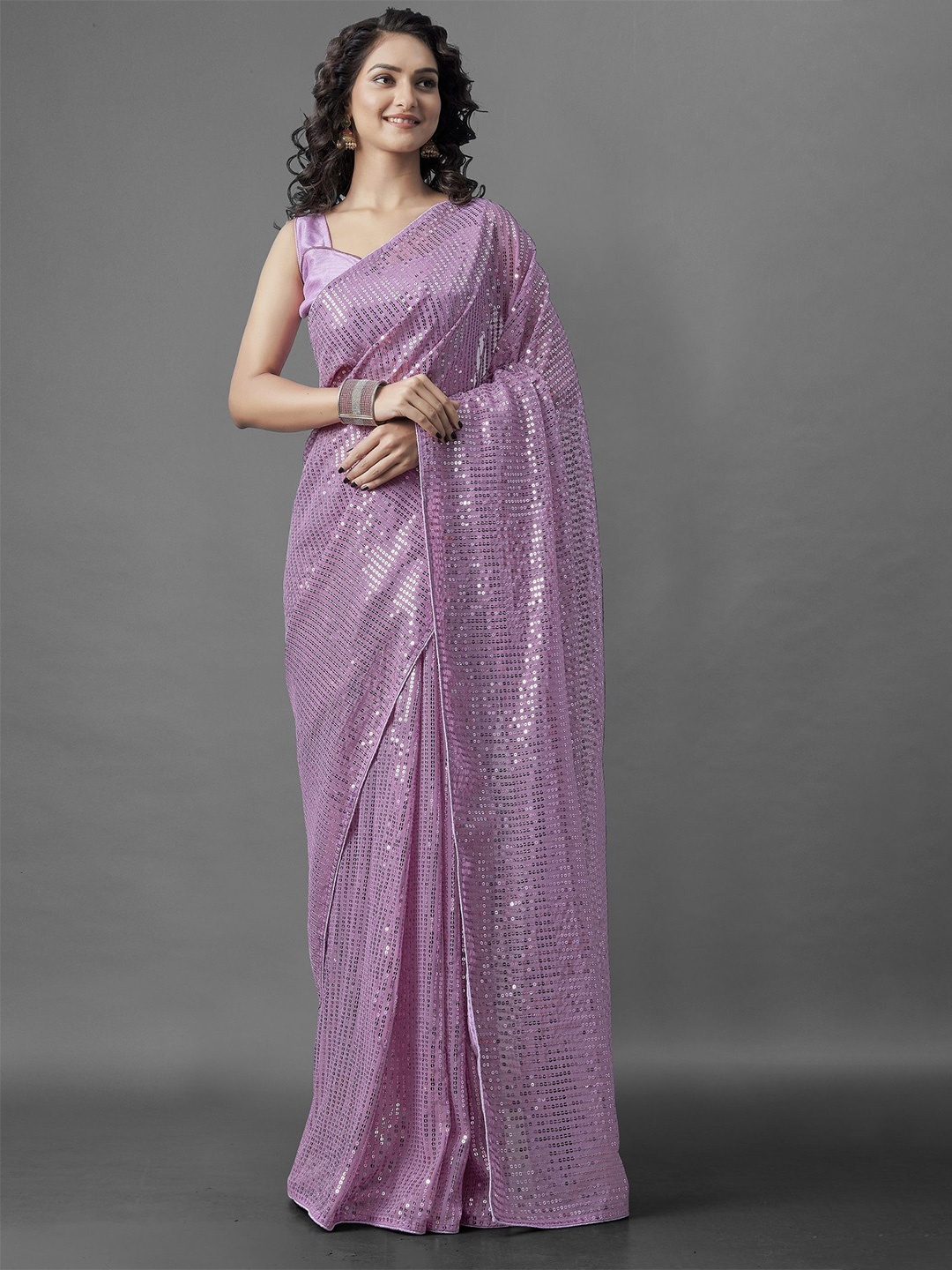 

KALINI Embellished Sequinned Pure Georgette Saree, Lavender